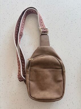 Taupe Crossbody Sling Bag with Patterned Strap